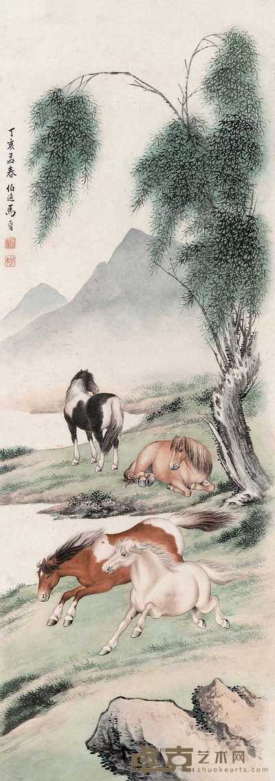 马晋 1947年作 四骏图 立轴 99.5×35.5cm